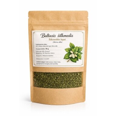 Baltojo šilkmedžio (Morus alba) lapų žolelių arbata, 50 g Baltojo šilkmedžio (Morus alba) lapų žolelių arbata, 50 g