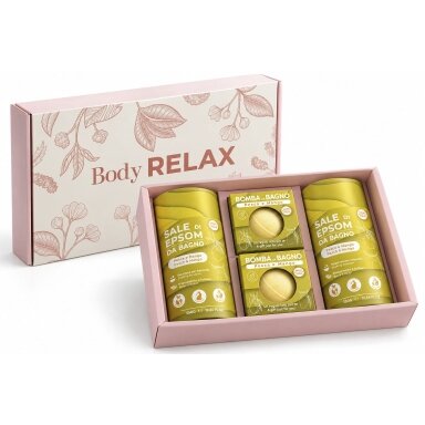 Dovanų rinkinys voniai Brand Italia Body Relax - Mango & Peach: 2 Epsom druskos ir 2 vonios burbulai