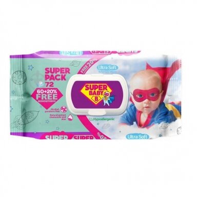 Drėgnos servetėlės su ramunėlių ir alavijų ekstraktais Super Baby Super pack, 72 vnt. Drėgnos servetėlės su ramunėlių ir alavijų ekstraktais Super Baby Super pack, 72 vnt.