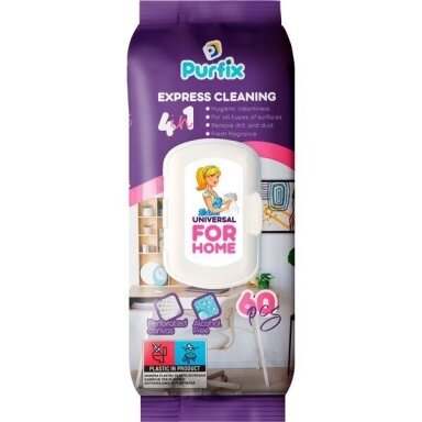 Drėgnos servetėlės įvairiems paviršiams valyti Purfix, For Home 60 vnt.