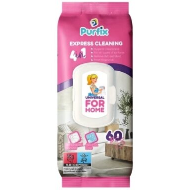 Drėgnos servetėlės įvairiems paviršiams valyti Purfix, For Home 60 vnt.