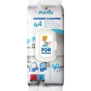 Drėgnos servetėlės virtuvės paviršiams valyti Purfix, For Kitchen 60 vnt.