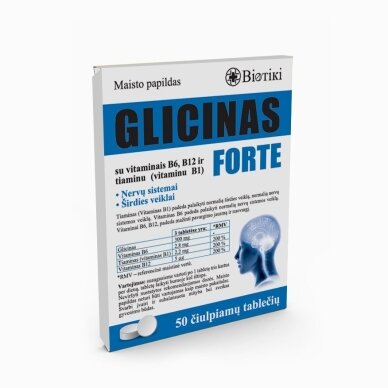 Glicinas Forte su vitaminais B6, B12 ir tiaminu (vitaminu B1), 50 čiulpiamų tablečių Glicinas Forte su vitaminais B6, B12 ir tiaminu (vitaminu B1), 50 čiulpiamų tablečių
