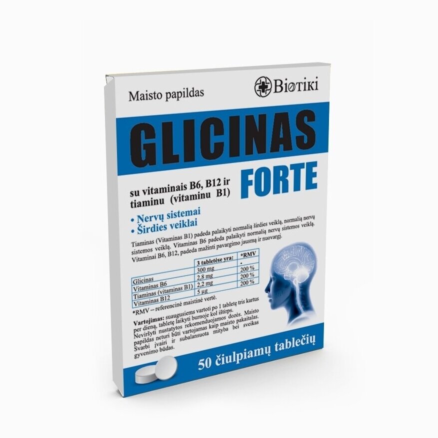 Glicinas Forte su vitaminais B6, B12 ir tiaminu (vitaminu B1), 50 čiulpiamų tablečių Glicinas Forte su vitaminais B6, B12 ir tiaminu (vitaminu B1), 50 čiulpiamų tablečių
