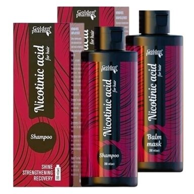 Golden Pharm „Nikotino rūgštis“ rinkinys: Šampūnas + Balzamas-kaukė (2x200 ml) Golden Pharm „Nikotino rūgštis“ rinkinys: Šampūnas + Balzamas-kaukė (2x200 ml)
