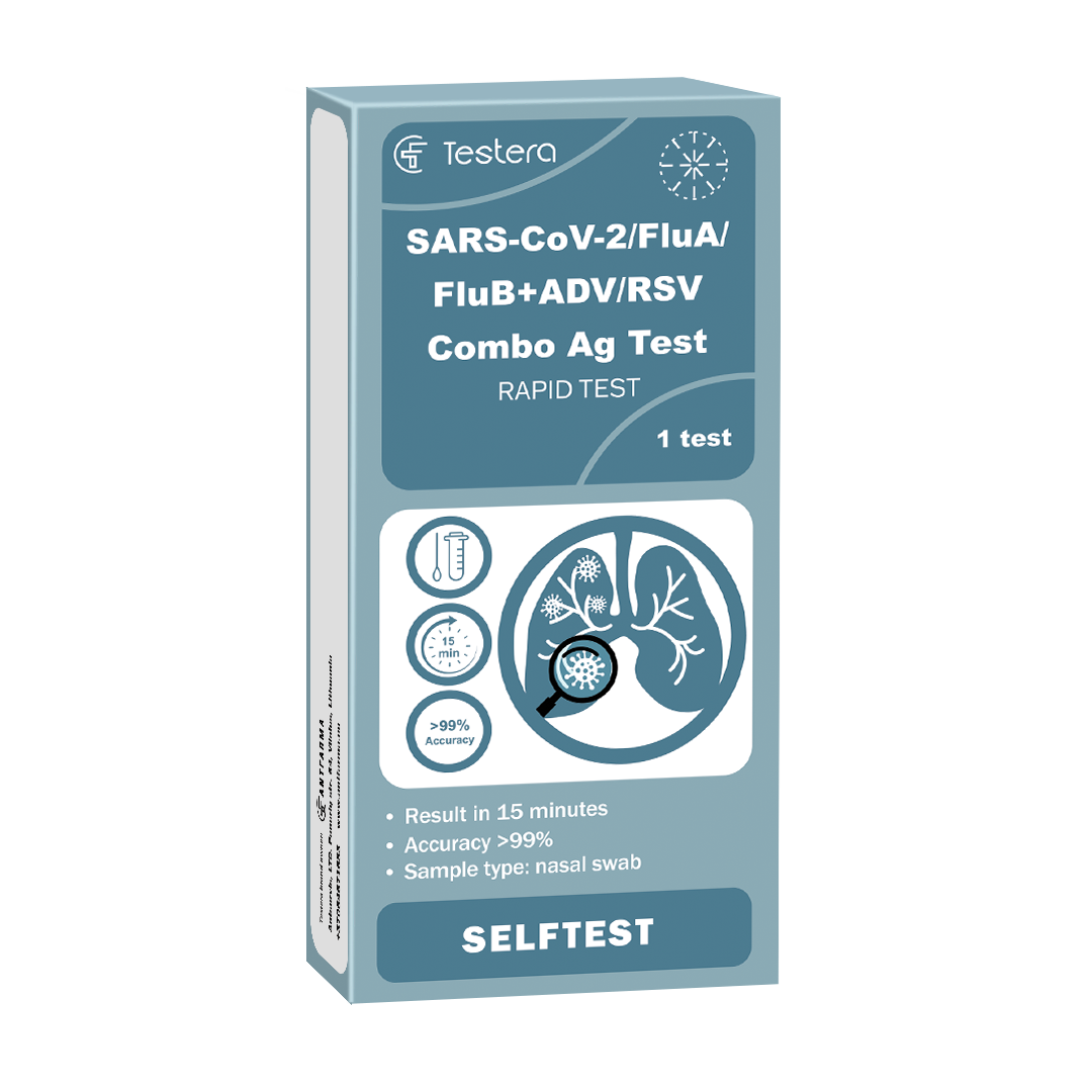 Kombinuotas greitasis antigenų testas SARS-CoV-2 ir gripo A/B + ADV + RSV Testera, 1 vnt. Kombinuotas greitasis antigenų testas SARS-CoV-2 ir gripo A/B + ADV + RSV Testera, 1 vnt.