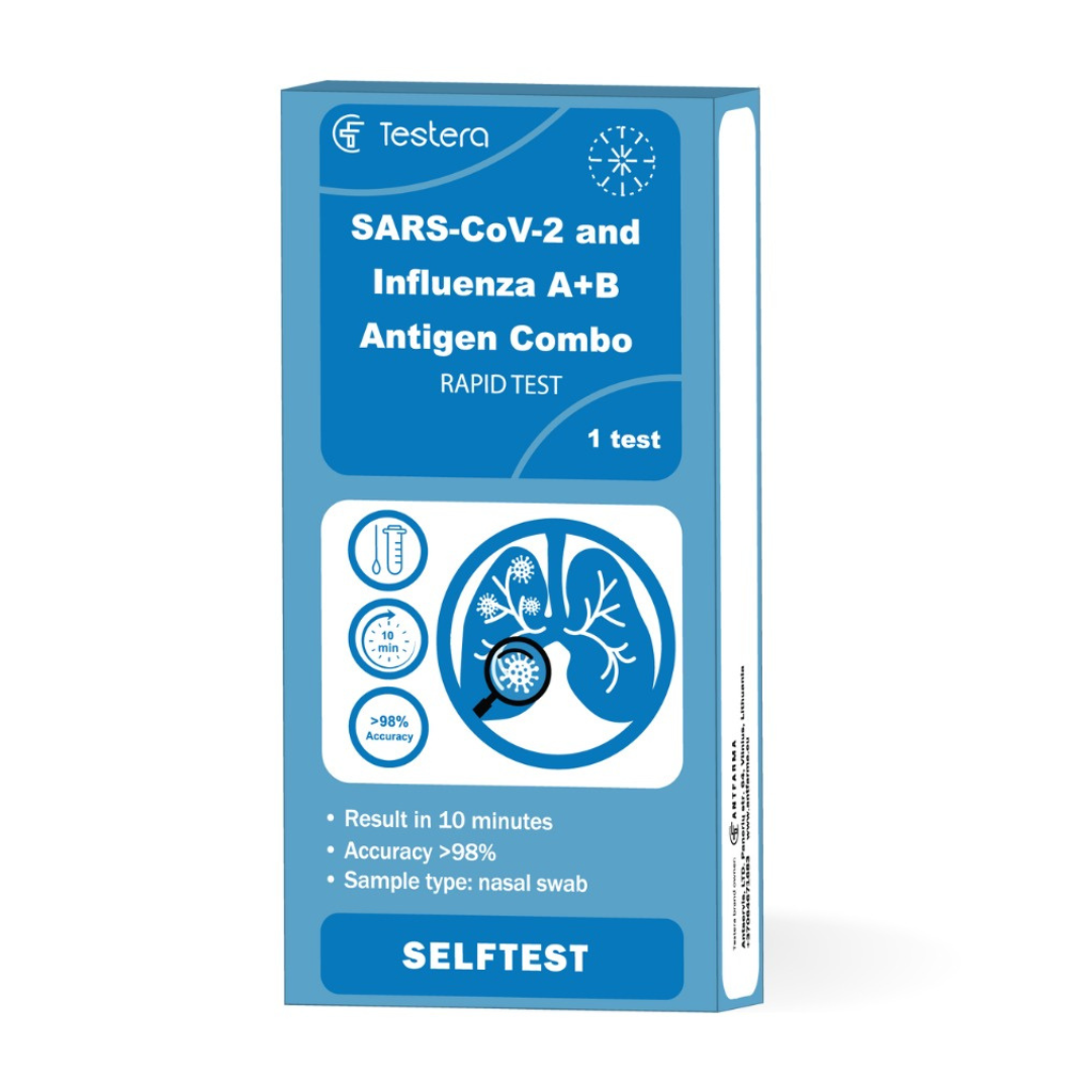 Kombinuotasis Gripo A/B+SARS-CoV-2 testas savikontrolei Testera, 1 testas Kombinuotasis Gripo A/B+SARS-CoV-2 testas savikontrolei Testera, 1 testas
