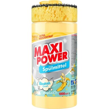 Koncentruotas indų ploviklis - bananų kvapo gelis "MAXI POWER" su dozatoriumi ir kempine indams plauti, 1000ml