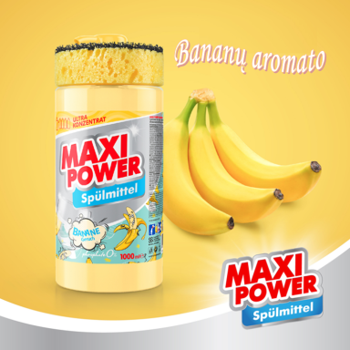 Koncentruotas indų ploviklis - bananų kvapo gelis "MAXI POWER" su dozatoriumi ir kempine indams plauti, 1000ml