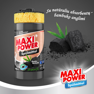 Koncentruotas indų ploviklis - BLACK COAL gelis "MAXI POWER" su dozatoriumi ir kempine indams plauti, 1000ml