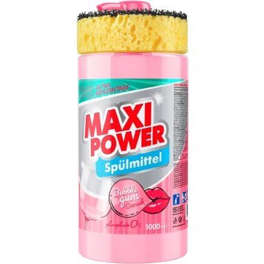 Koncentruotas indų ploviklis - Bubble Gum kvapo gelis "MAXI POWER" su dozatoriumi ir kempine indams plauti, 1000ml