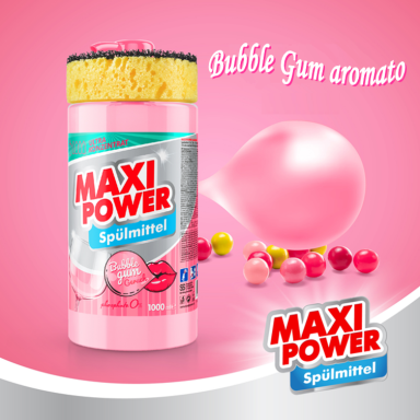Koncentruotas indų ploviklis - Bubble Gum kvapo gelis "MAXI POWER" su dozatoriumi ir kempine indams plauti, 1000ml