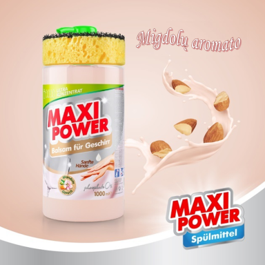 Koncentruotas indų ploviklis - migdolų kvapo gelis "MAXI POWER" su dozatoriumi ir kempine indams plauti, 1000ml