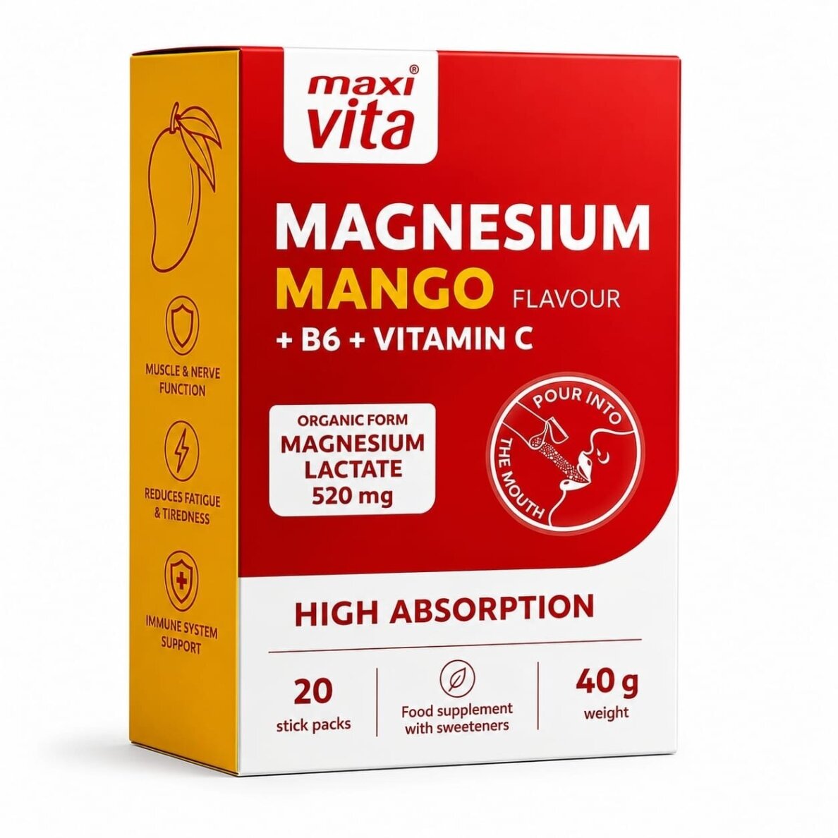 Magnesium Mango su vitaminais B6 ir C MaxiVita, 20 pakelių Magnesium Mango su vitaminais B6 ir C MaxiVita, 20 pakelių
