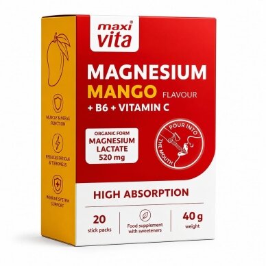 Magnesium Mango su vitaminais B6 ir C MaxiVita, 20 pakelių Magnesium Mango su vitaminais B6 ir C MaxiVita, 20 pakelių