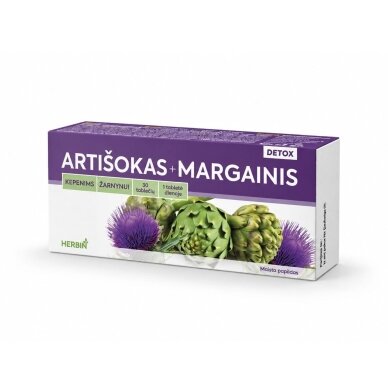 Maisto papildas Artišokas + Margainis DETOX Herbin, 30 tablečių Maisto papildas Artišokas + Margainis DETOX Herbin, 30 tablečių