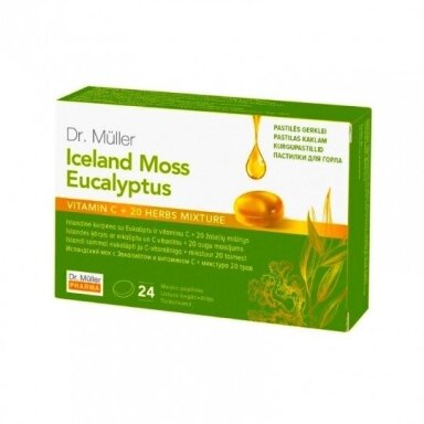 Pastilės gerklei Islandinė kerpena su eukaliptu, vit.C ir 20 žolelių mišiniu Dr. Muller, 24 pastilės Pastilės gerklei Islandinė kerpena su eukaliptu, vit.C ir 20 žolelių mišiniu Dr. Muller, 24 pastilės