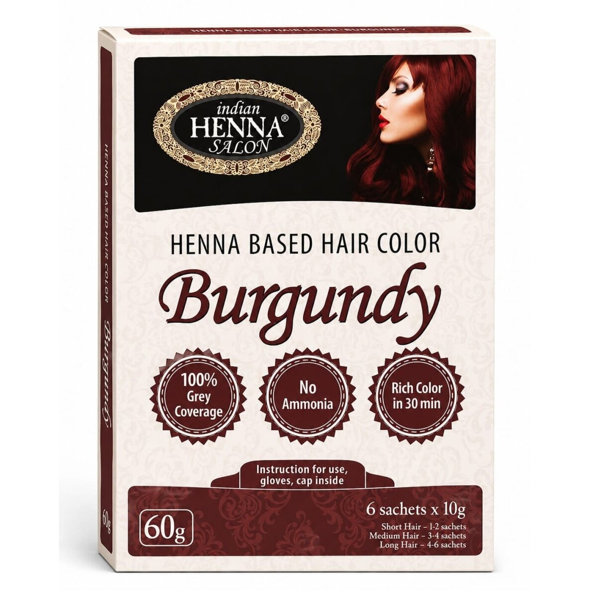 Plaukų dažai Indian Henna Salon Burgundy, chna pagrindu, 6x10g Plaukų dažai Indian Henna Salon Burgundy, chna pagrindu, 6x10g